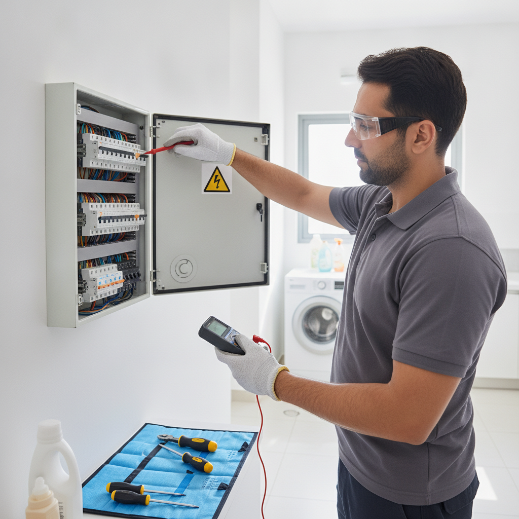 electrician testing a tripped breaker circuit in a Dubai apartment utility area