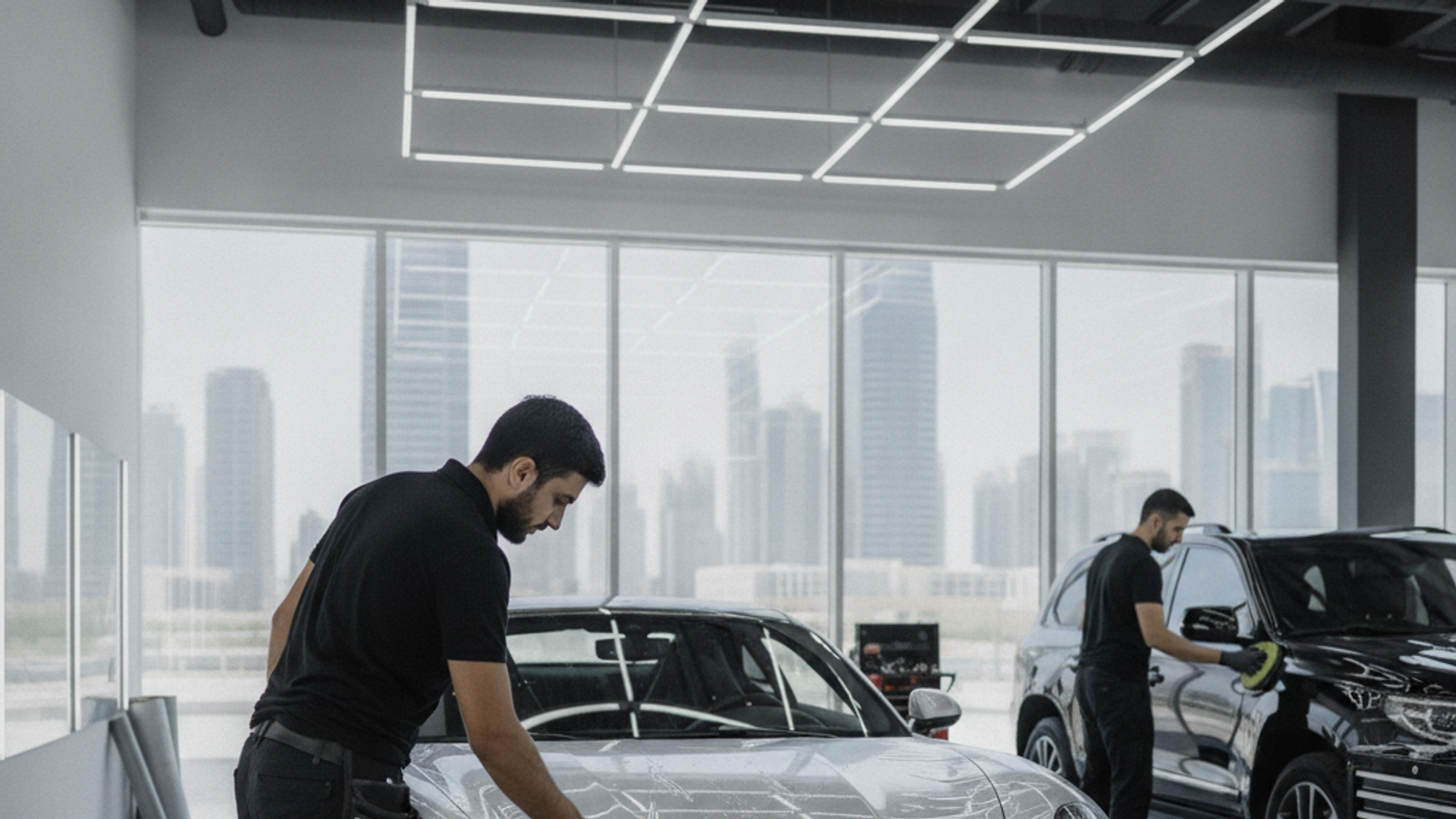 installer applying clear protection film on a car hood in Dubai