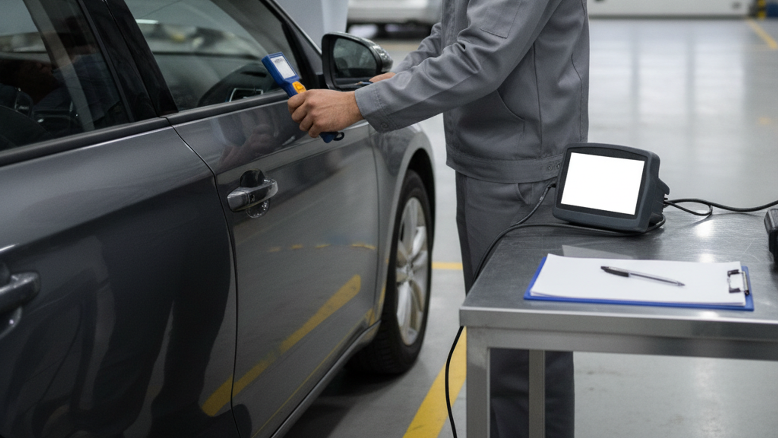 car inspector using a diagnostic scanner and paint meter during a Dubai pre purchase inspection