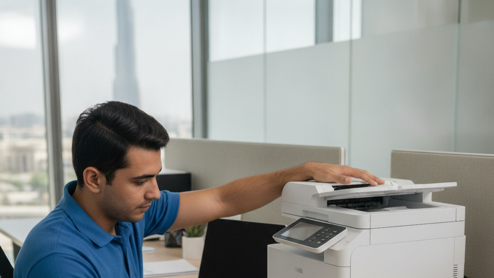 IT technician setting up an office printer and scanner in Dubai