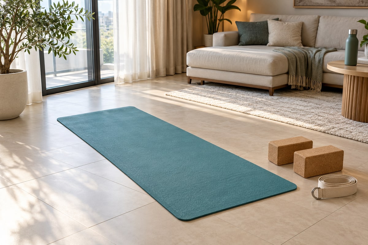 Yoga mat with two cork blocks and a fabric strap in a living room