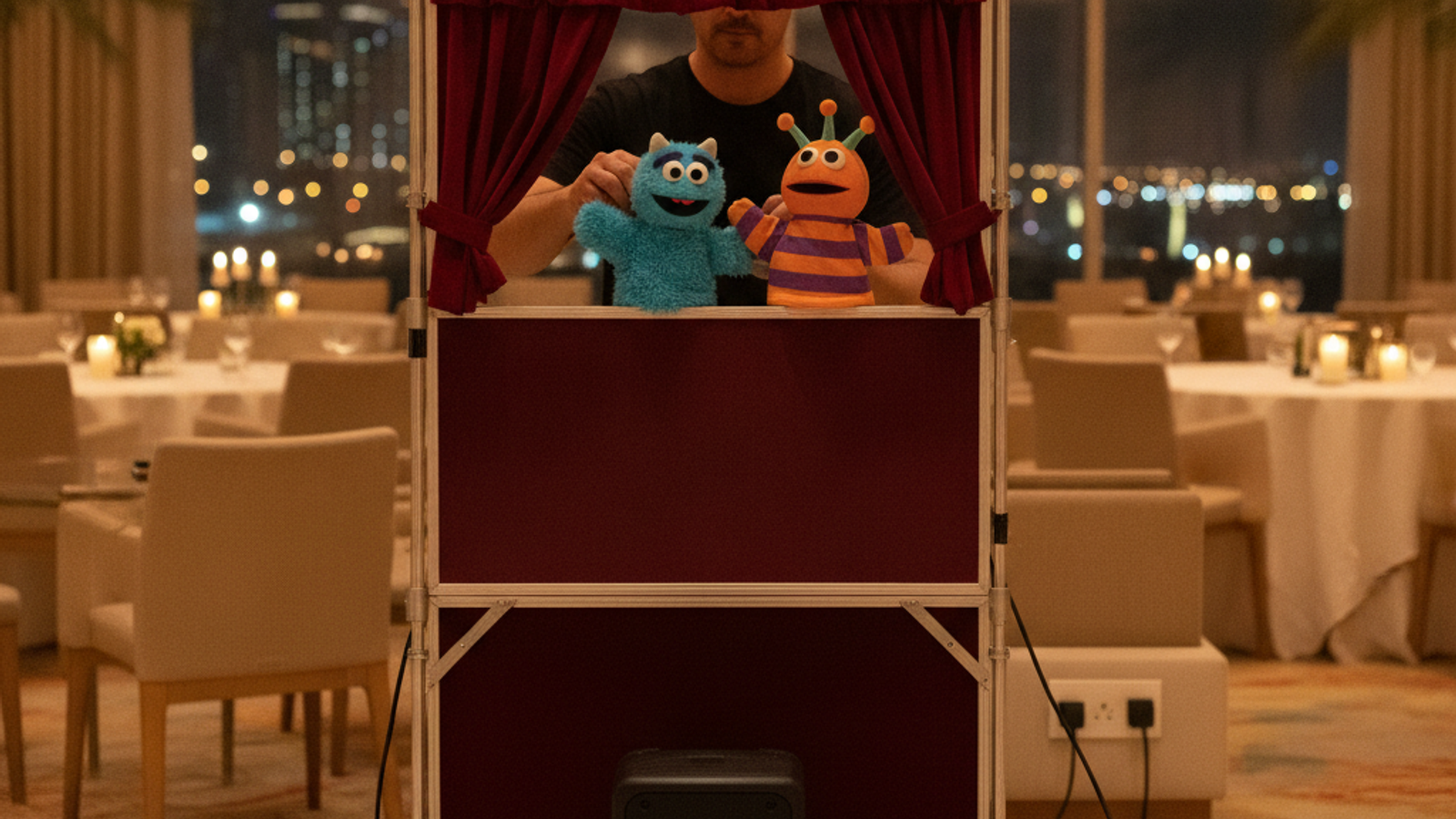 puppeteer setting up a puppet stage for a Dubai kids party