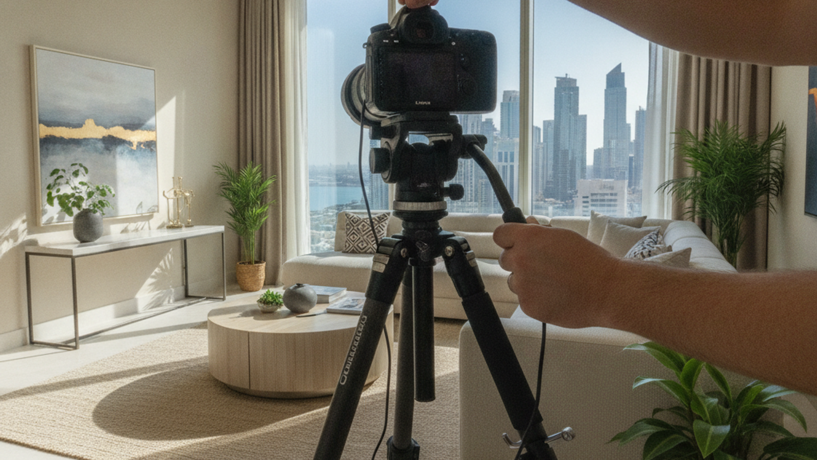 real estate photographer setting camera in Dubai apartment interior