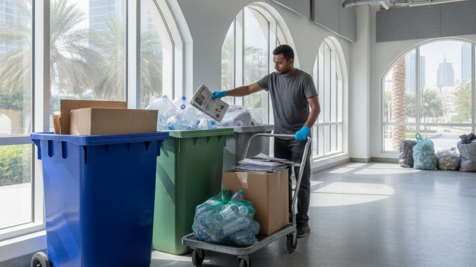 collection worker sorting recyclable boxes and plastic for Dubai pickup