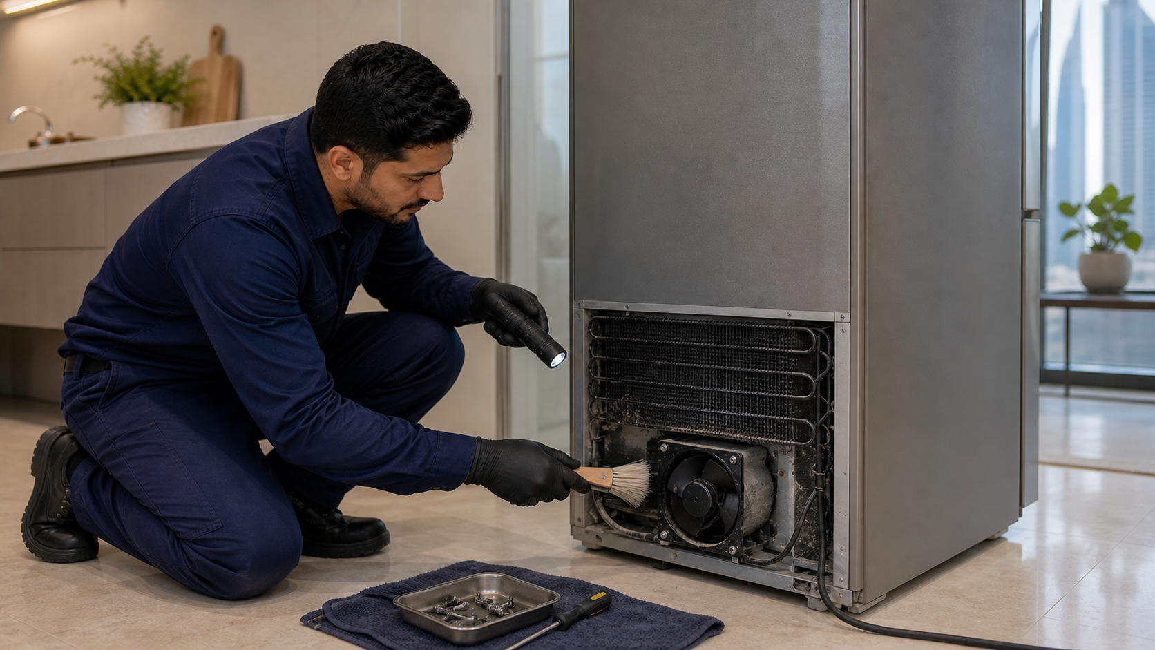 Technician cleaning and checking refrigerator condenser coil and fan during repair in Dubai