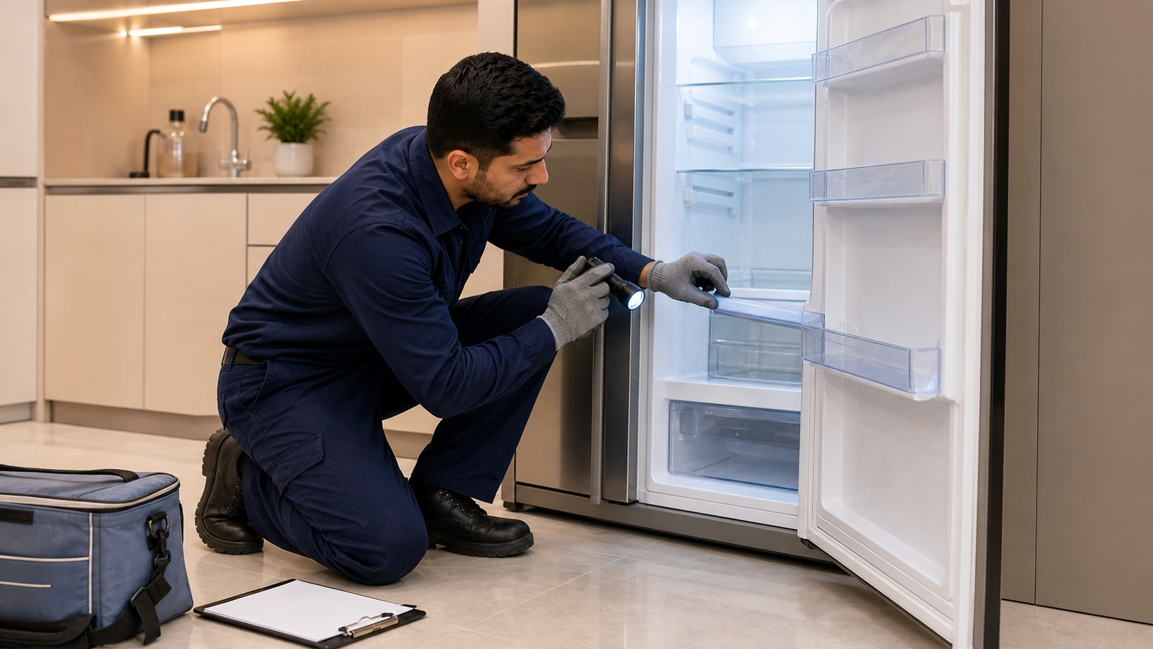 Technician checking refrigerator thermostat and door seal in a Dubai kitchen