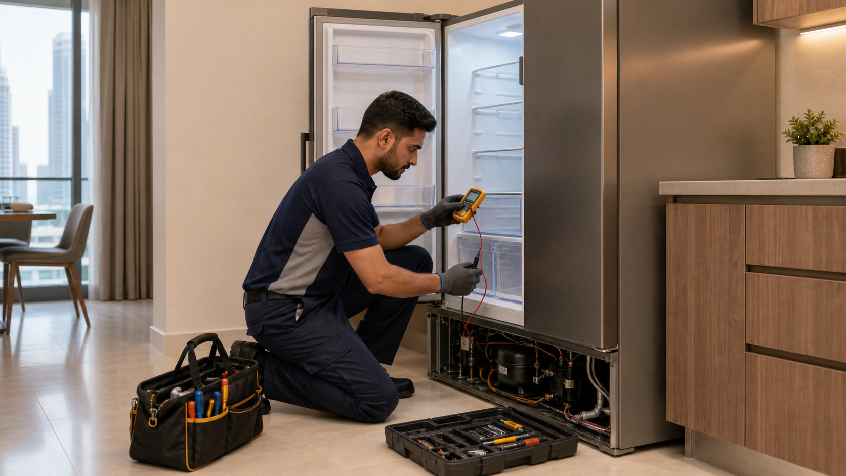 Appliance technician repairing a refrigerator in a Dubai kitchen