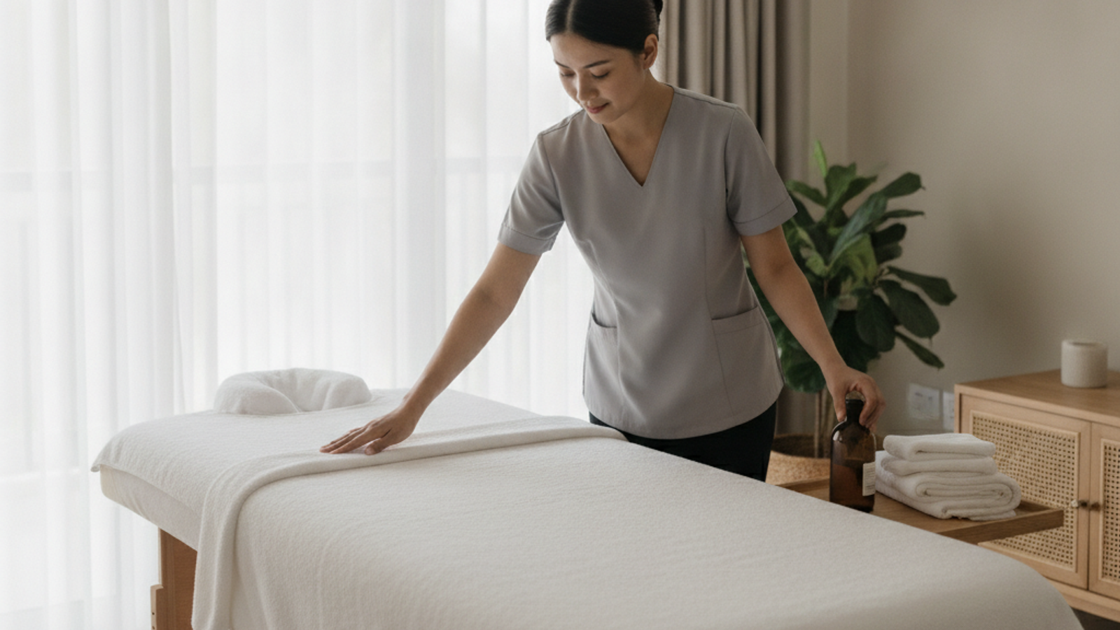 professional massage therapist setting up a home wellness massage in Dubai