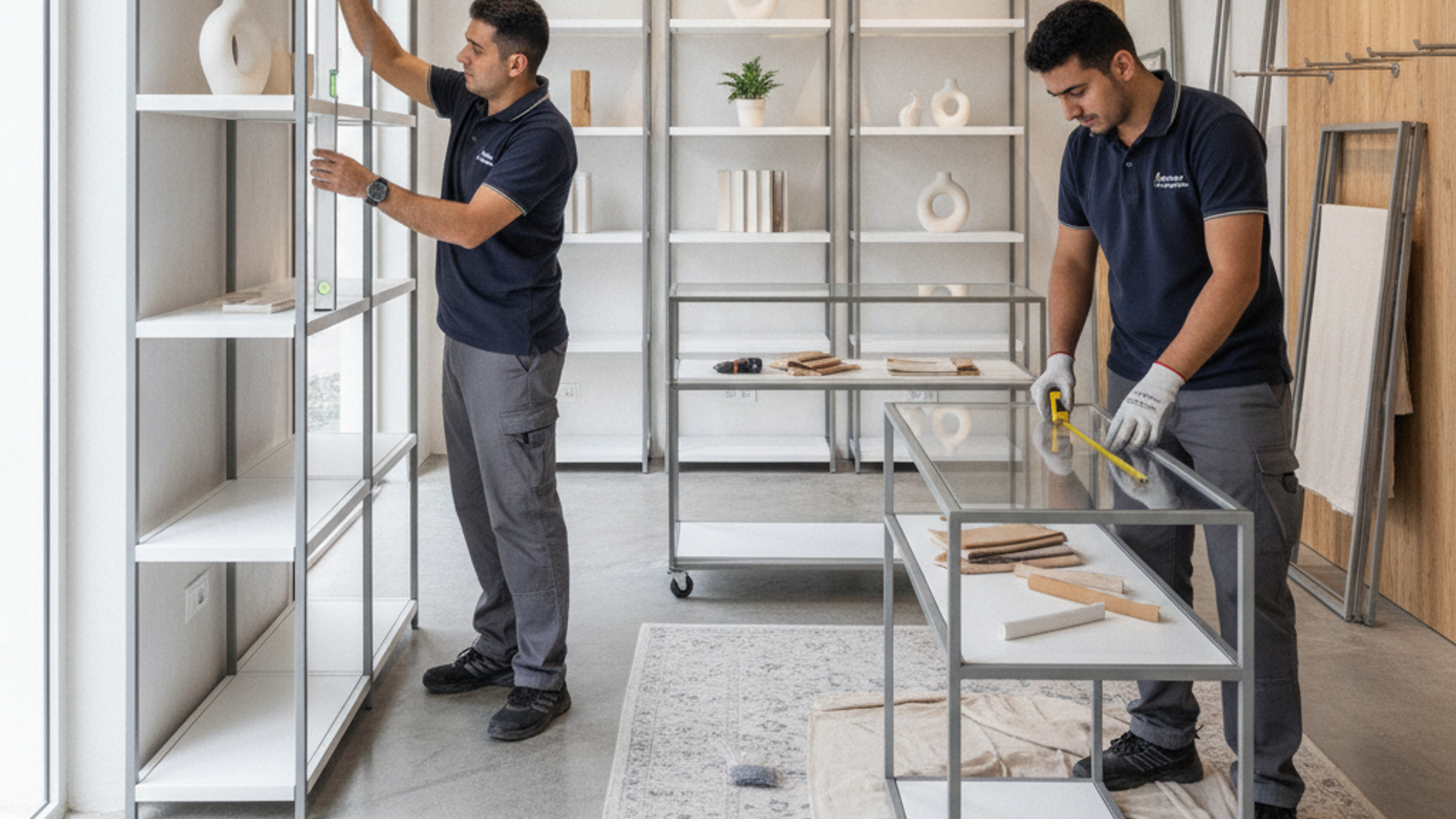 retail display installer arranging product stands in a Dubai boutique