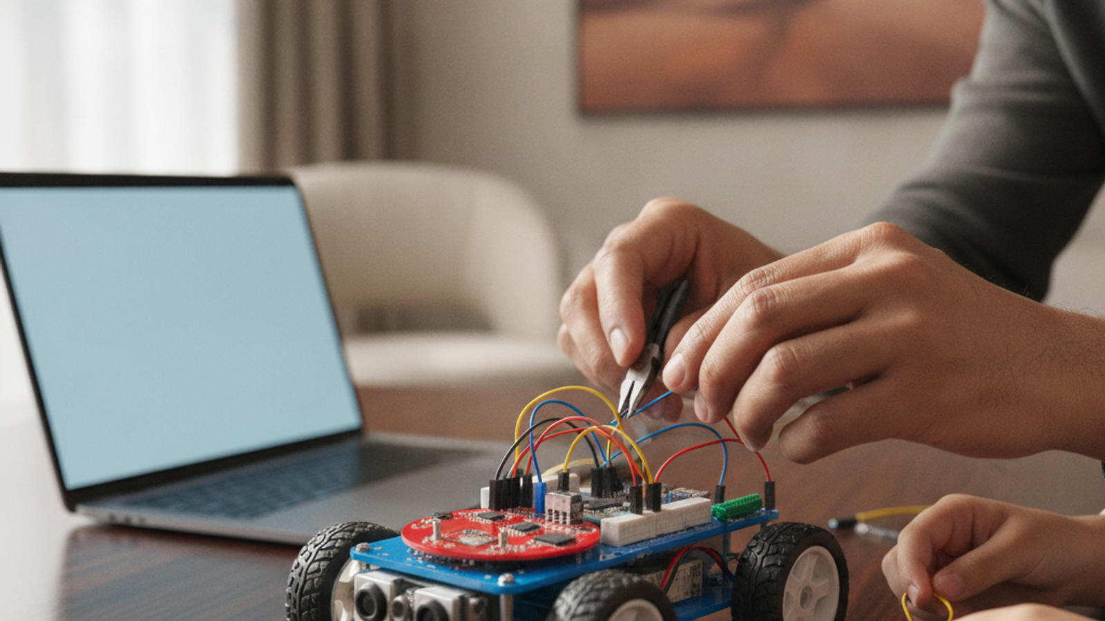 robotics teacher arranging small robot kit for a Dubai kids lesson