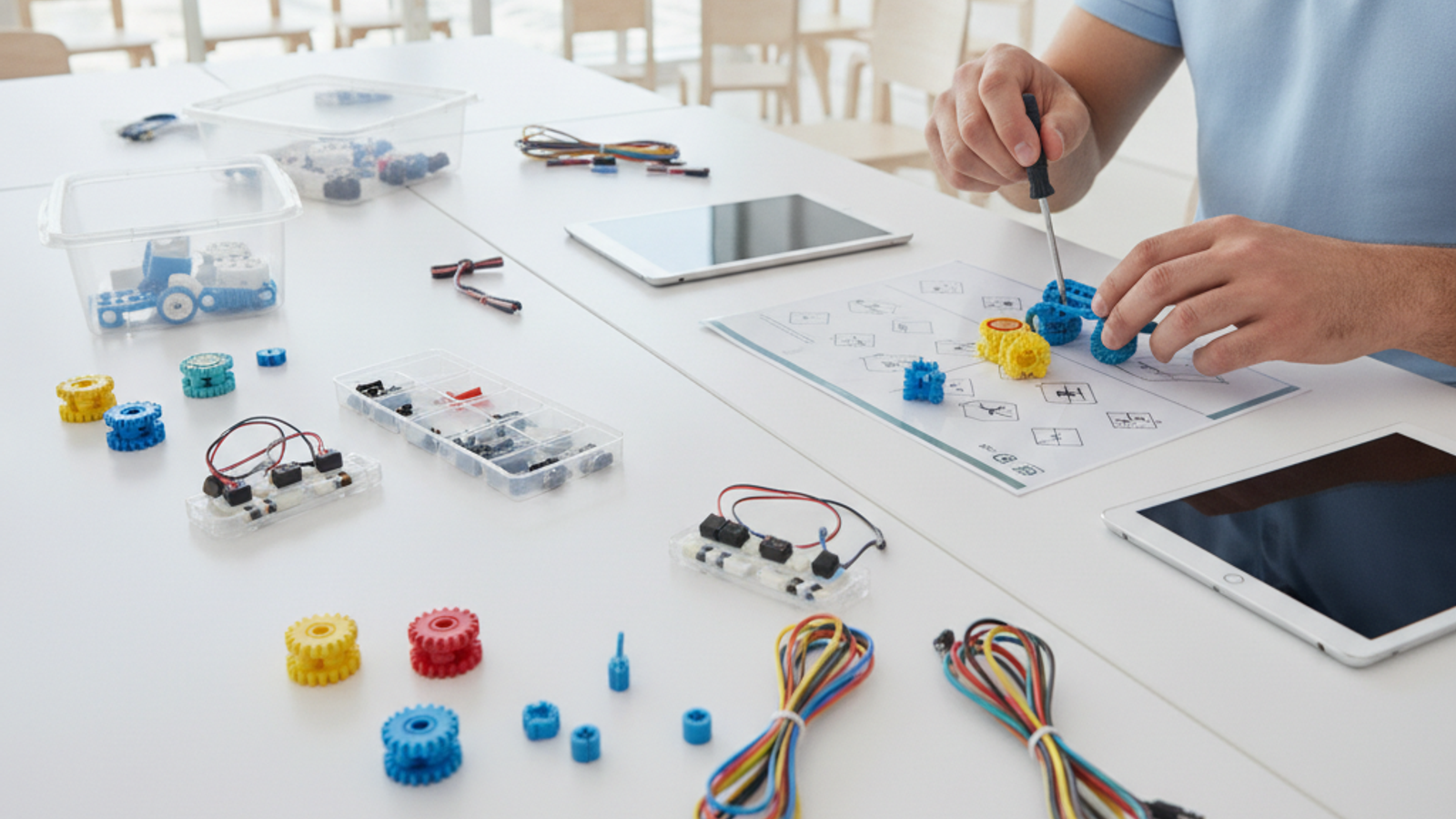 instructor preparing robotics kits for a Dubai kids workshop