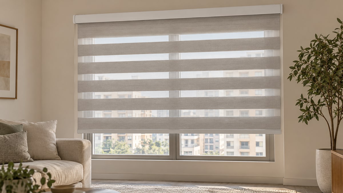 Zebra blind with alternating sheer and opaque bands across an apartment window