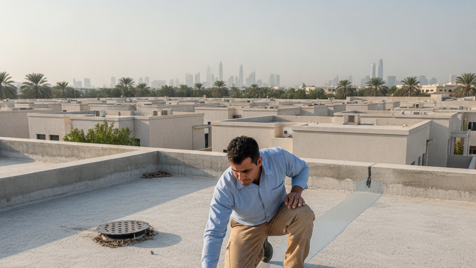 male technician inspecting a villa roof drain and parapet waterproofing detail