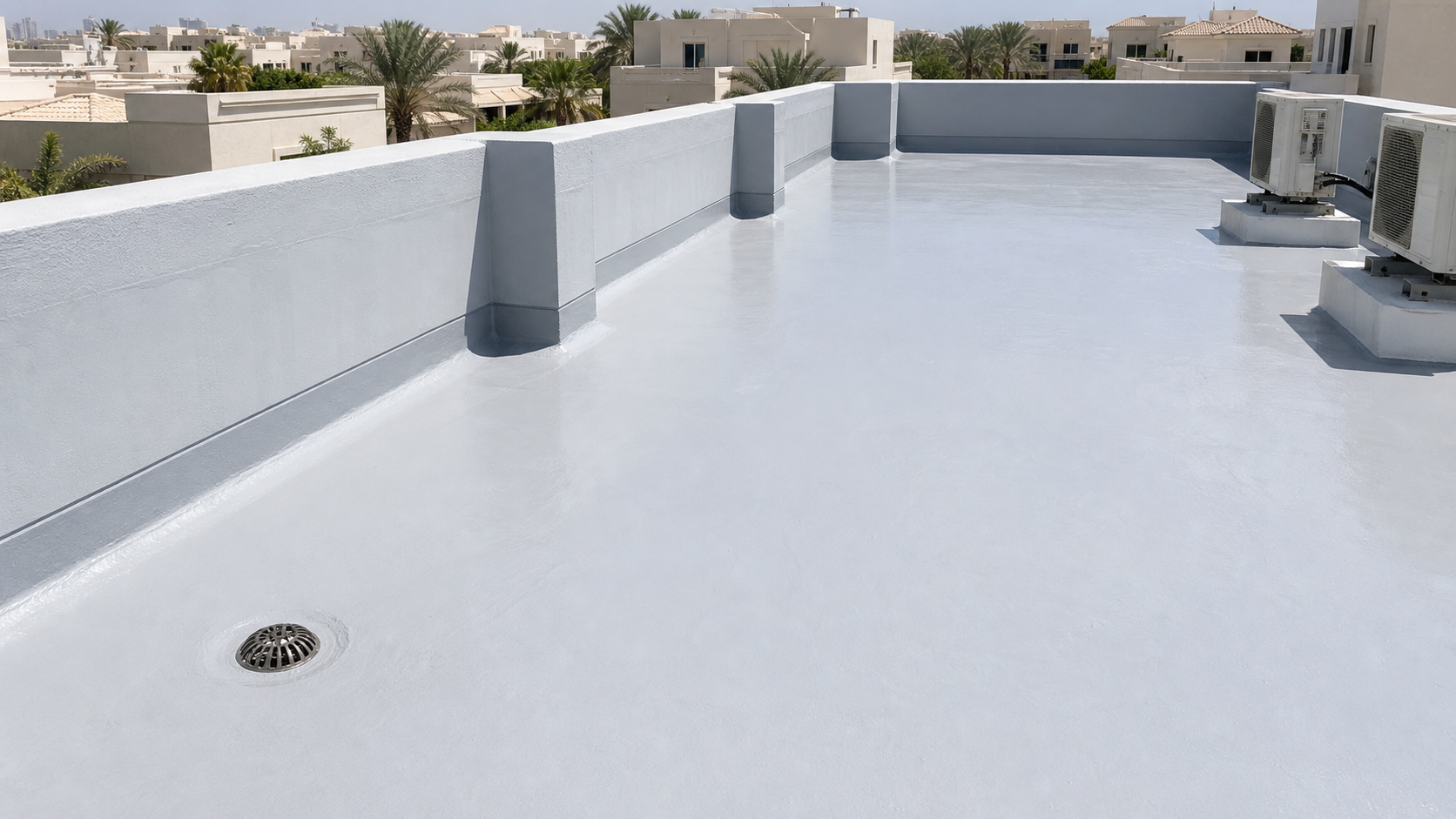 finished Dubai villa roof waterproofing membrane with clean drain path