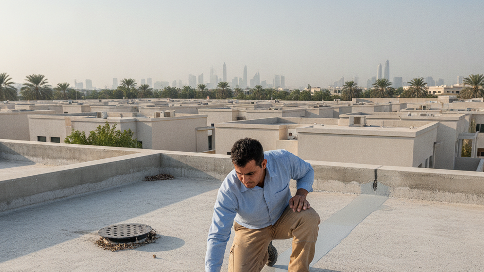 technician applying waterproof coating on a Dubai villa roof