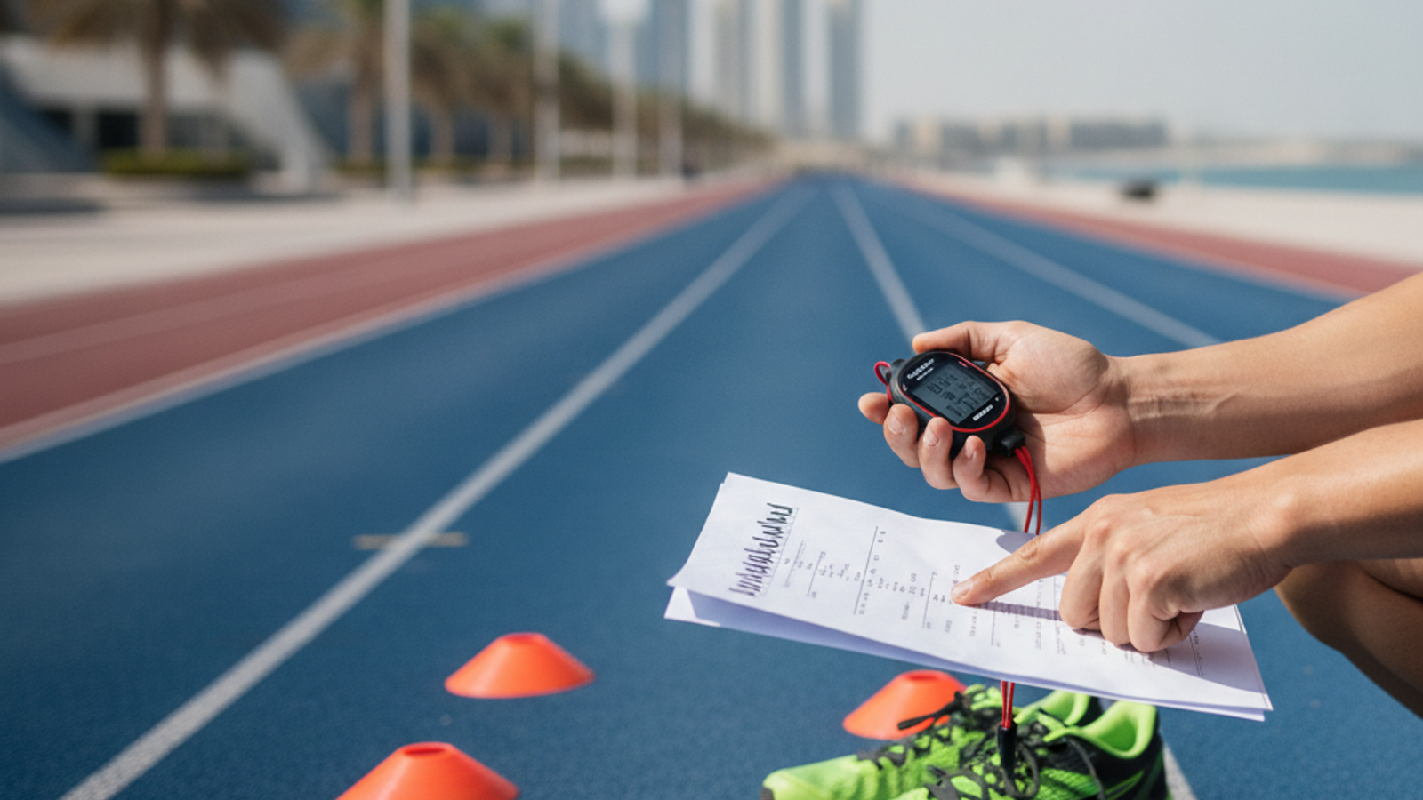 running coach preparing training plan on Dubai track