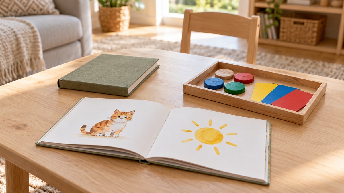 Picture book, counters and notebook prepared for an ordinary home learning activity