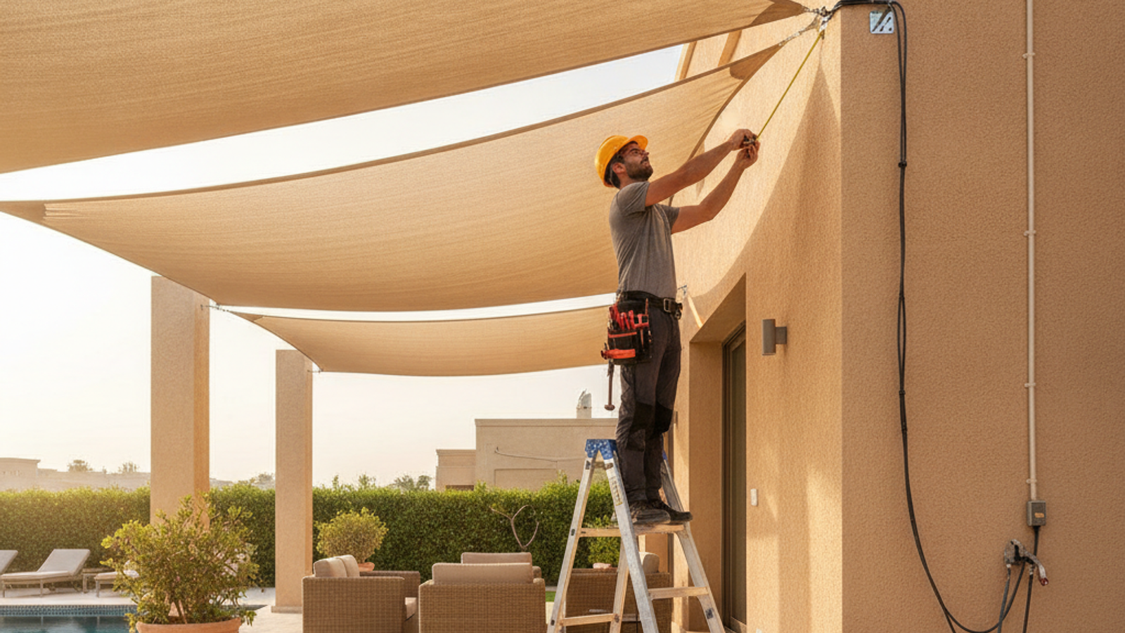installer measuring a shade sail fixing point at a Dubai villa patio