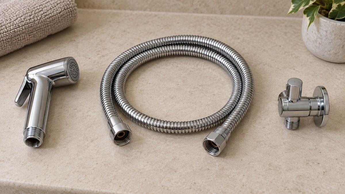 Separate uninstalled spray head, hose and angle valve