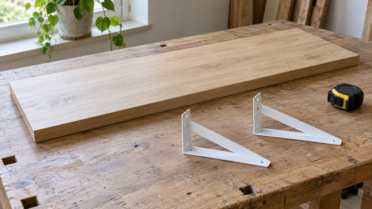 Shelf board and two loose support brackets on a workbench