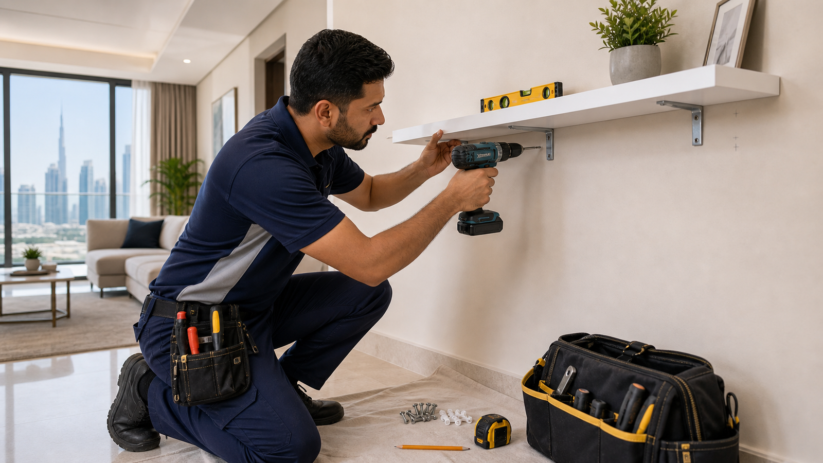 handyman installing a floating shelf with a level in a Dubai apartment