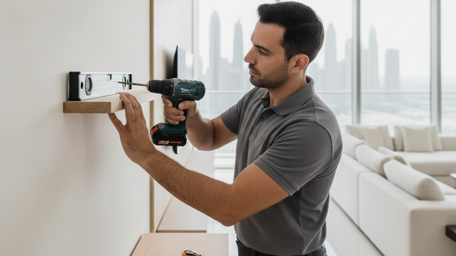 handyman installing a floating shelf with a level in a Dubai apartment