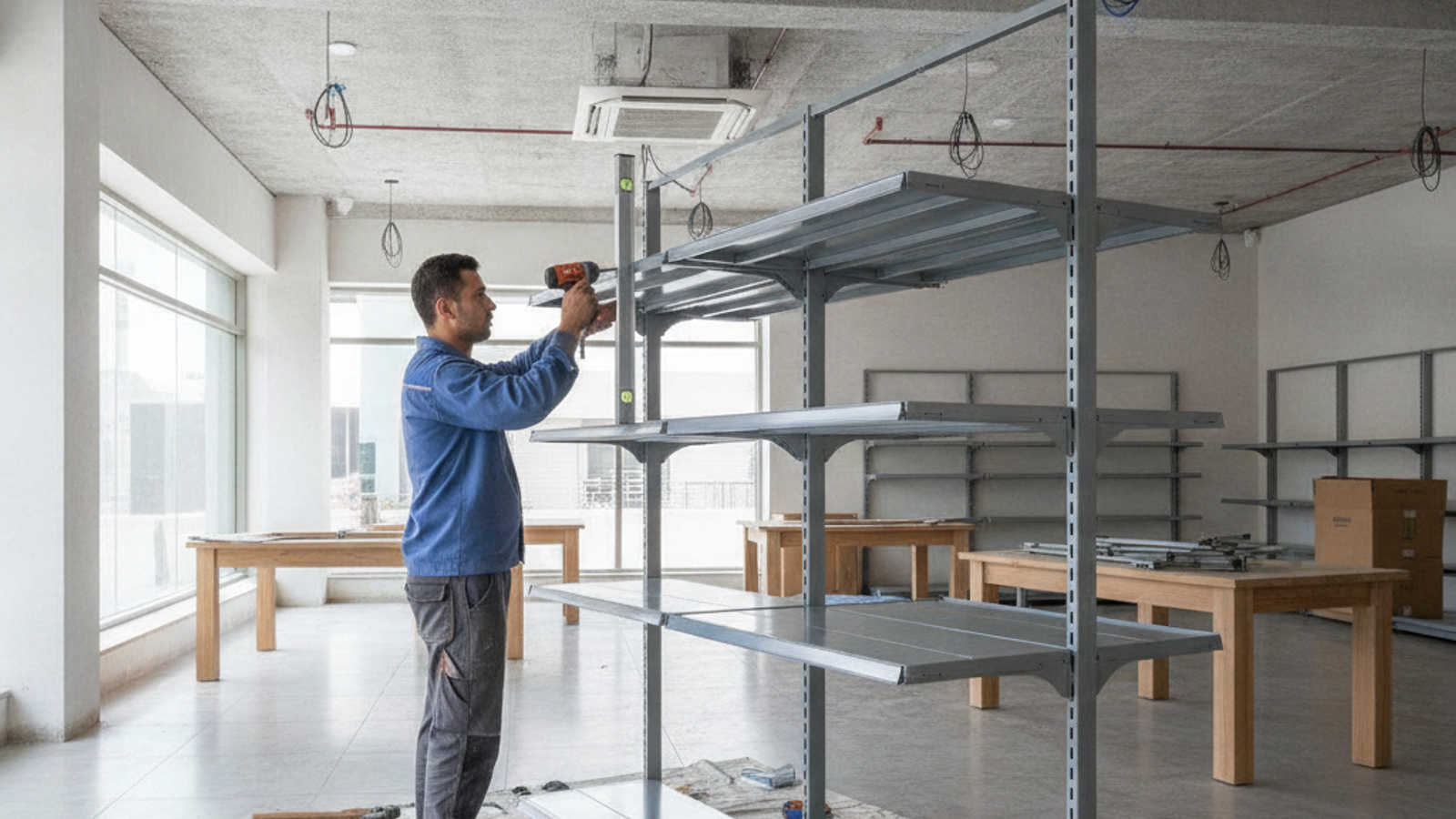 installer assembling metal shop shelving in a Dubai retail store