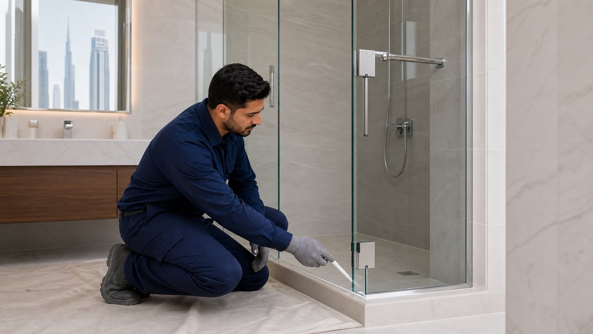 Technician assessing the lower edge of a shower glass enclosure