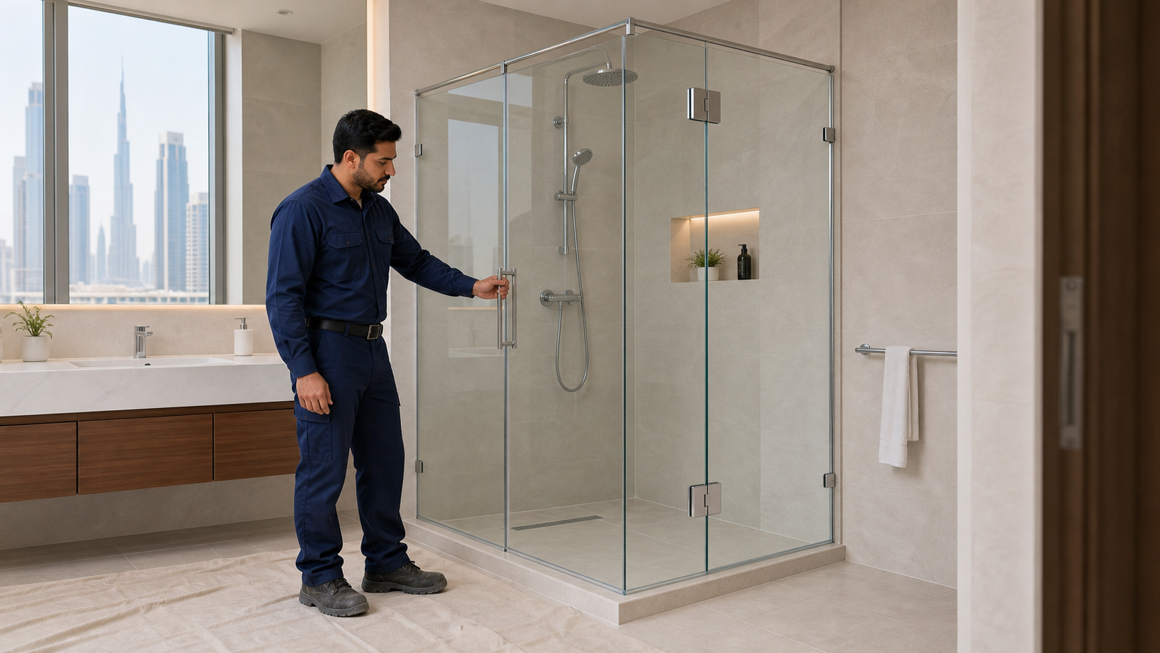 finished frameless shower glass enclosure in a Dubai apartment bathroom