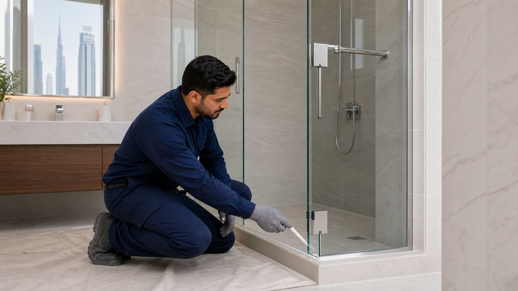male shower glass installer checking hinge alignment and silicone seal in a Dubai bathroom