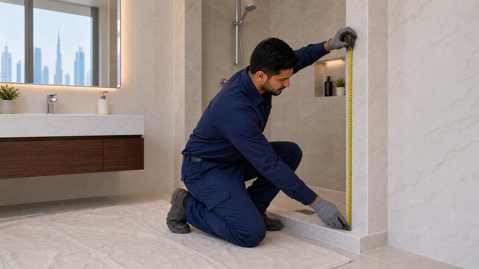 male installer measuring shower glass in a Dubai bathroom