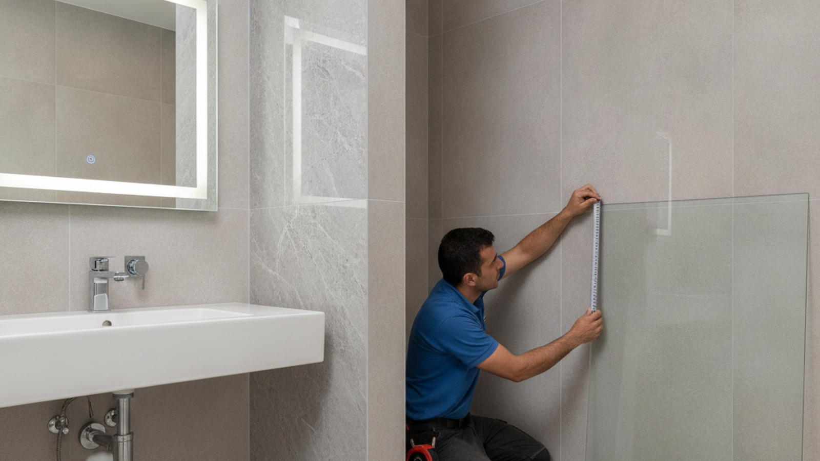 installer measuring shower glass in a Dubai bathroom