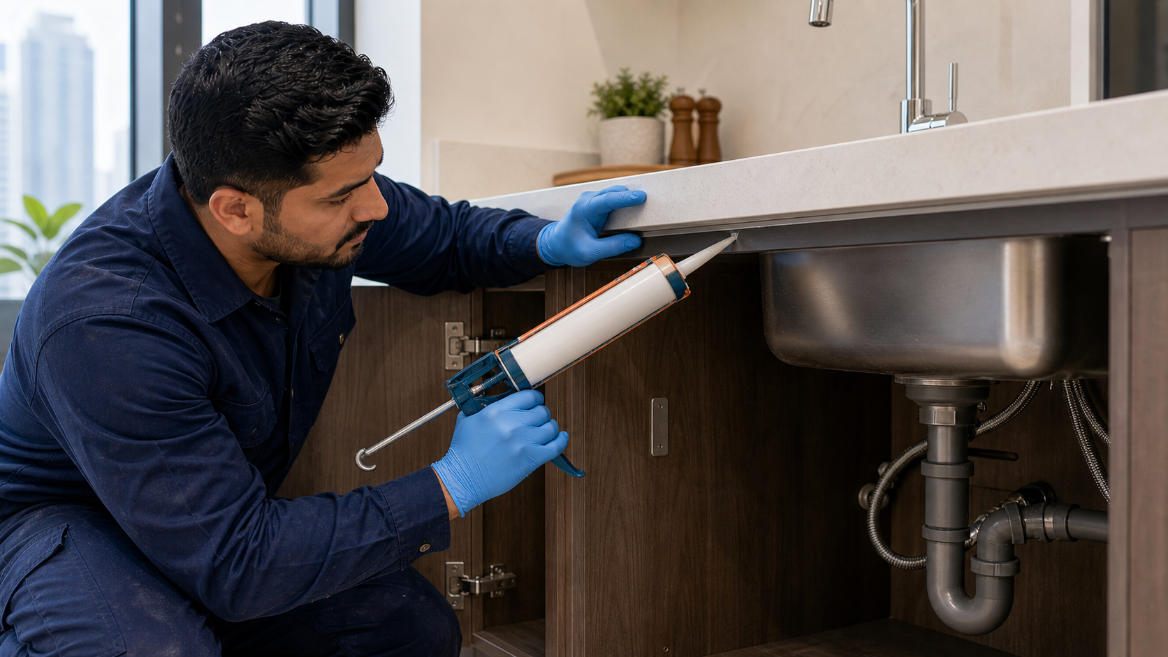 male technician applying a clean silicone bead around a kitchen sink in Dubai
