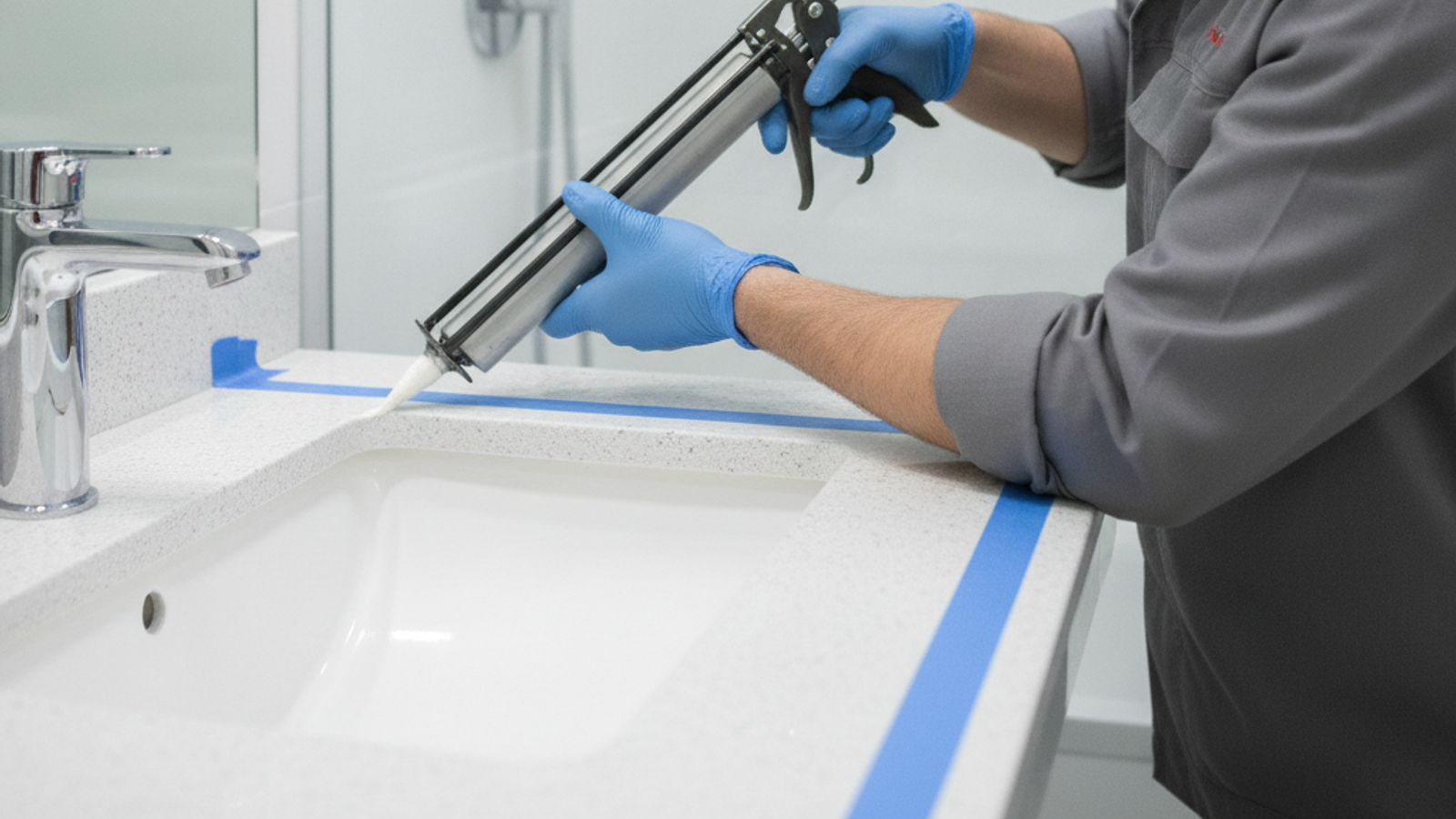handyman applying silicone caulk around a shower joint in a Dubai bathroom