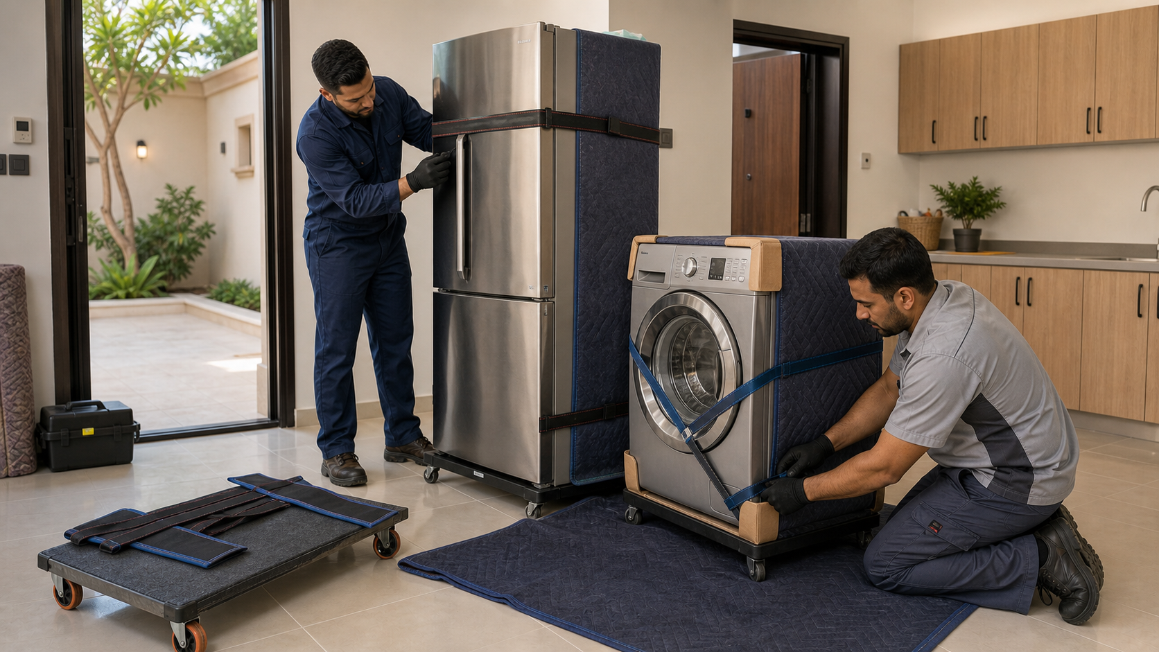 Male movers preparing a washing machine and fridge for appliance moving in a Dubai villa
