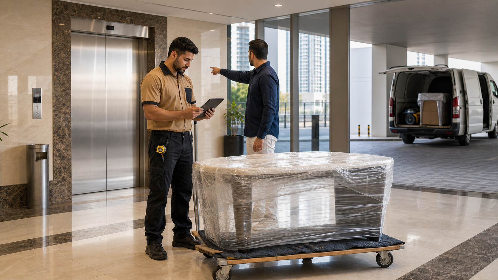 Male mover checking lift and parking access for a single item delivery in a Dubai residential tower