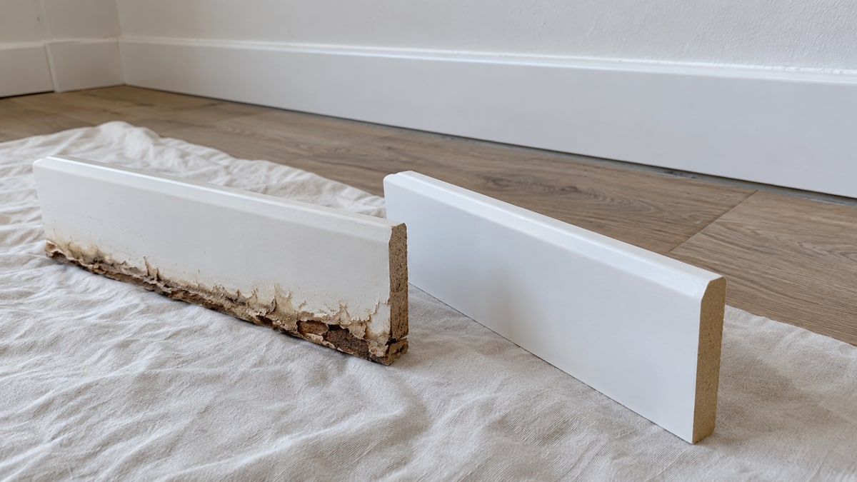 Damaged and intact white skirting samples on a dust sheet beside an apartment wall