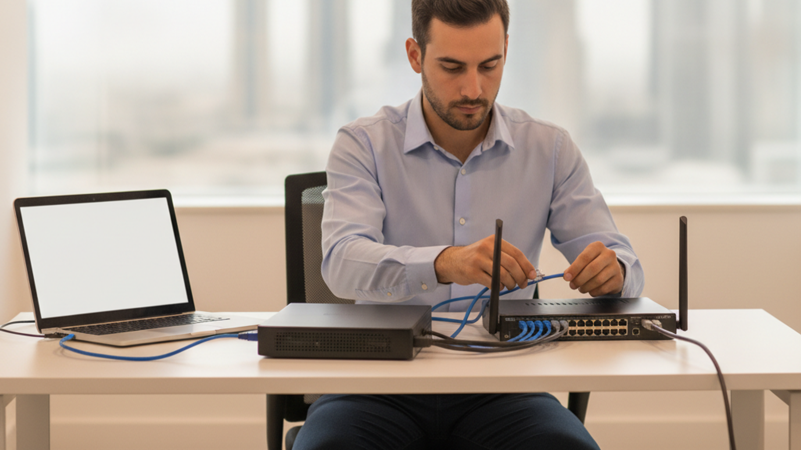 IT technician arranging router switch and cables for a small Dubai office