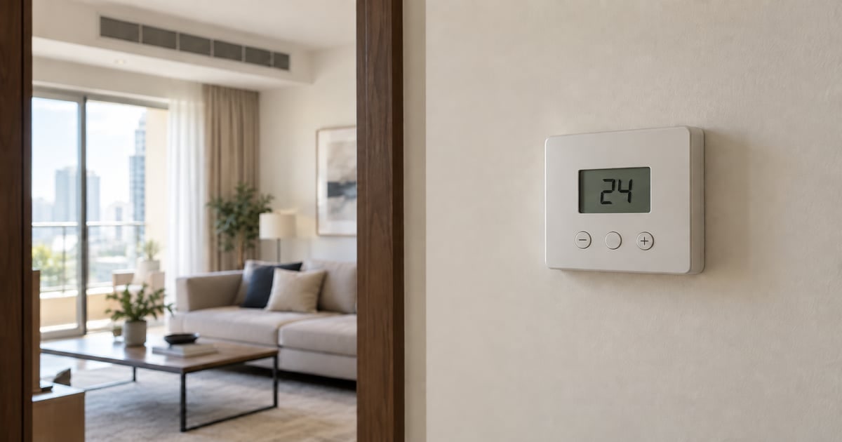 Closed wall thermostat beside a furnished living area