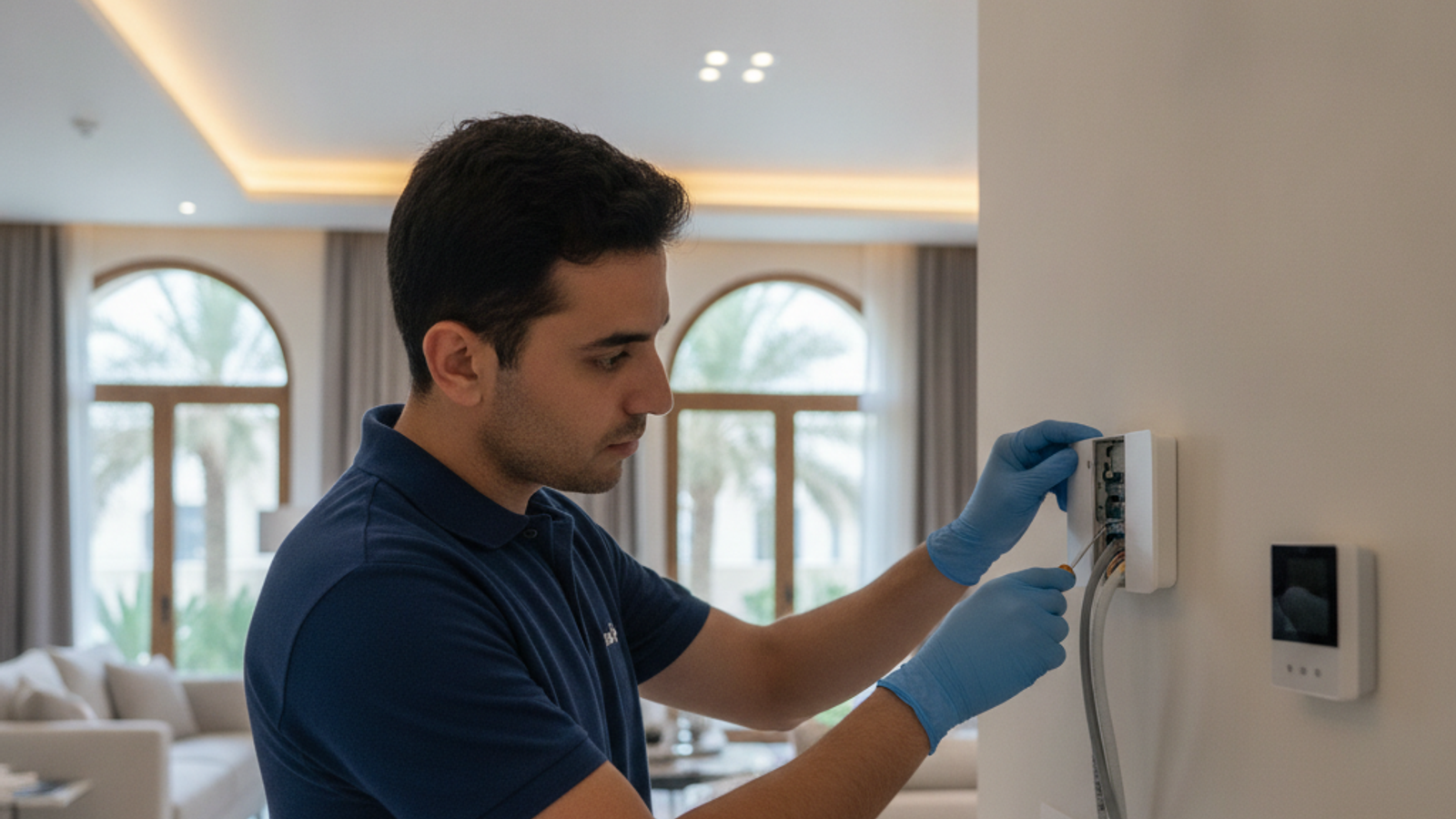 technician installing smart home automation controls in a Dubai villa