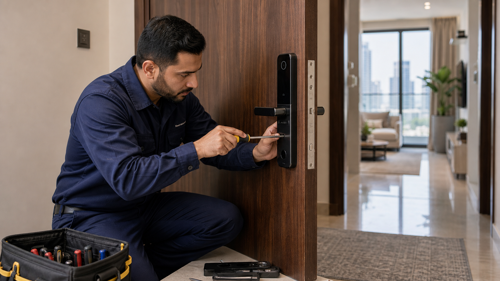 technician installing a smart lock on a Dubai apartment door