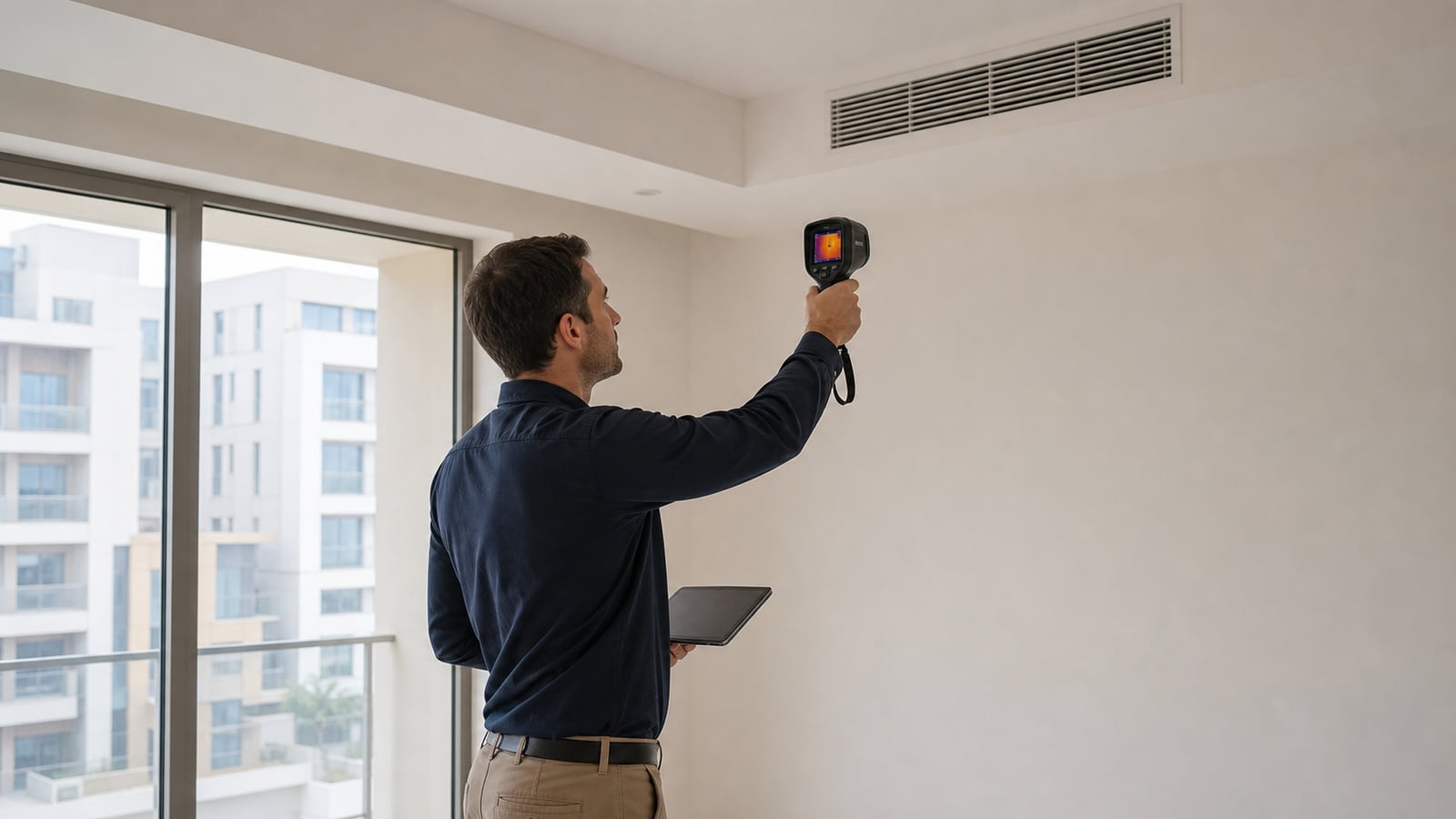 Inspector using a thermal camera near an air-conditioning vent in a new Dubai apartment