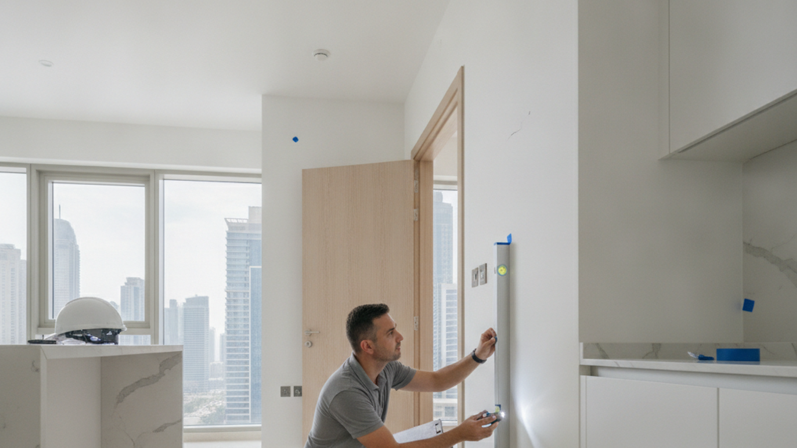 snagging inspector marking defects in a new Dubai apartment