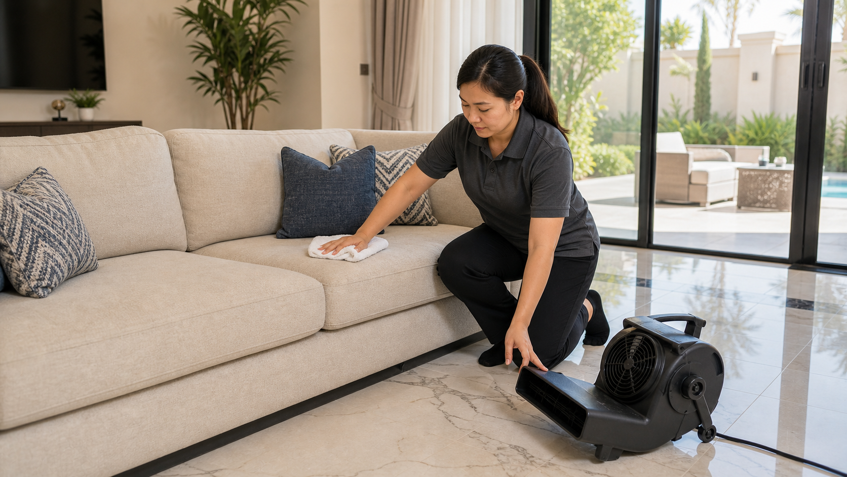 adult Filipina cleaner wearing clean socks while setting airflow for sofa drying in a Dubai villa living room