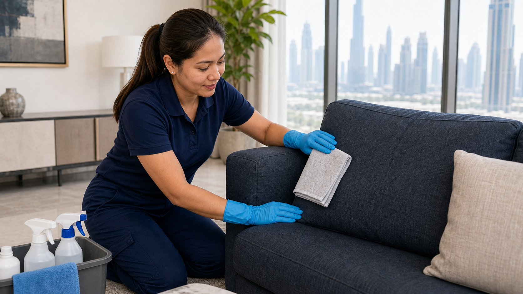 adult Filipina sofa cleaning professional wearing clean socks while checking fabric and stain condition in a Dubai townhouse