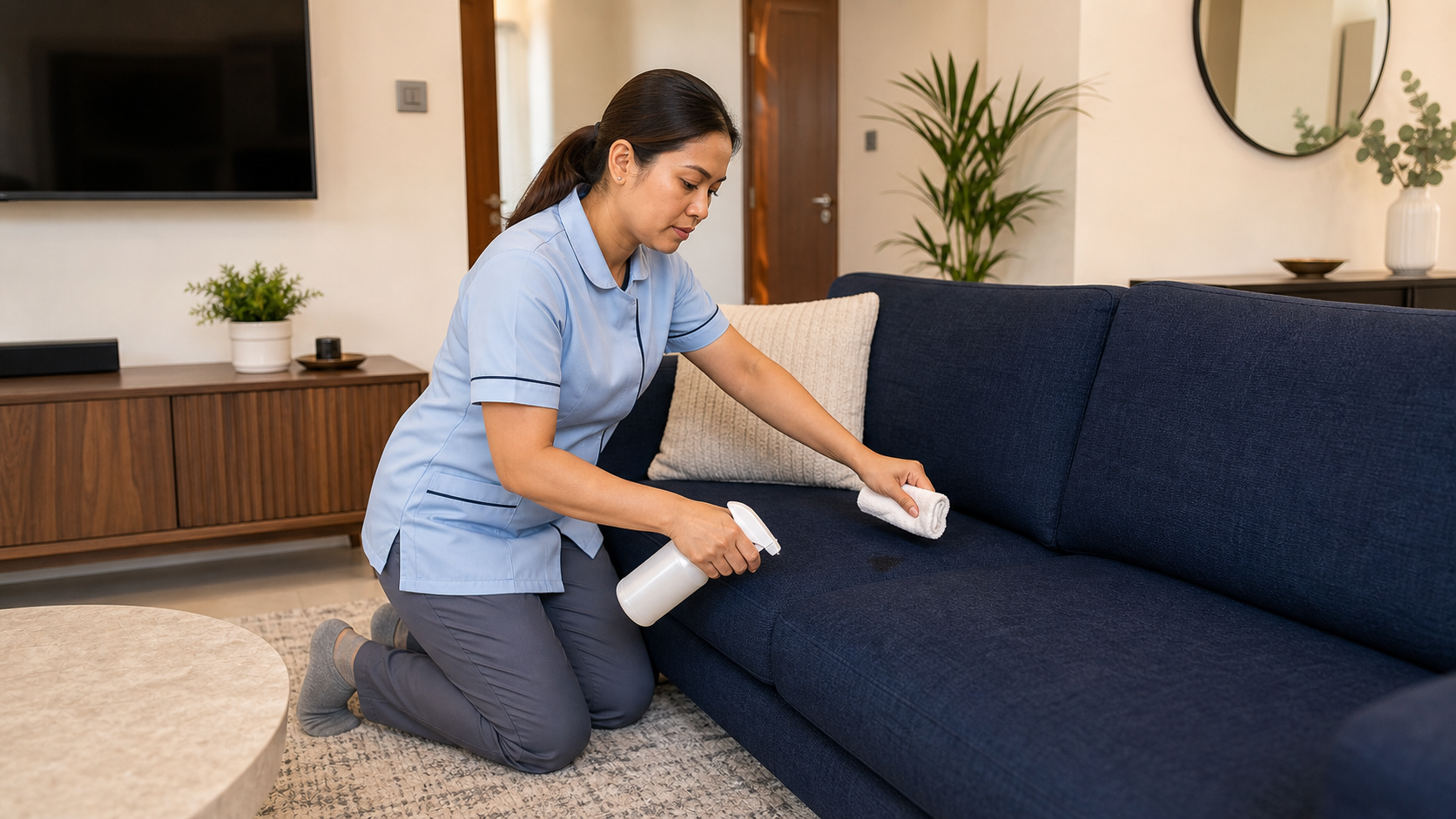 adult Filipina sofa cleaning professional wearing clean socks while checking fabric and stain condition in a Dubai townhouse