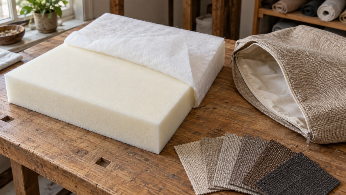 Seat foam, batting, an open cushion cover and upholstery fabric samples on a workshop bench
