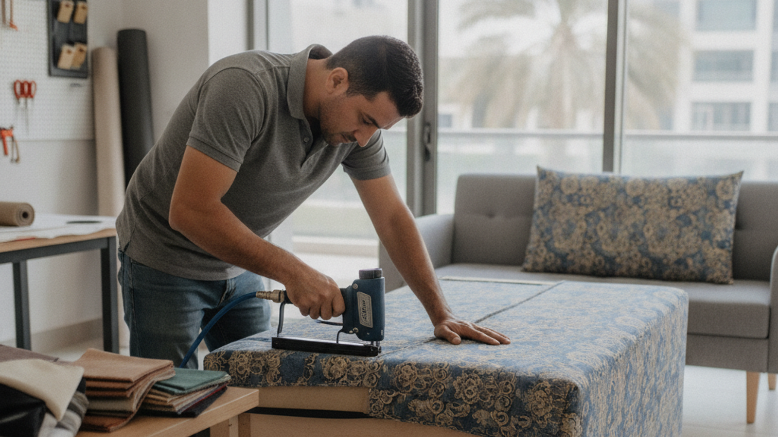 upholstery technician fitting new fabric on a sofa in Dubai
