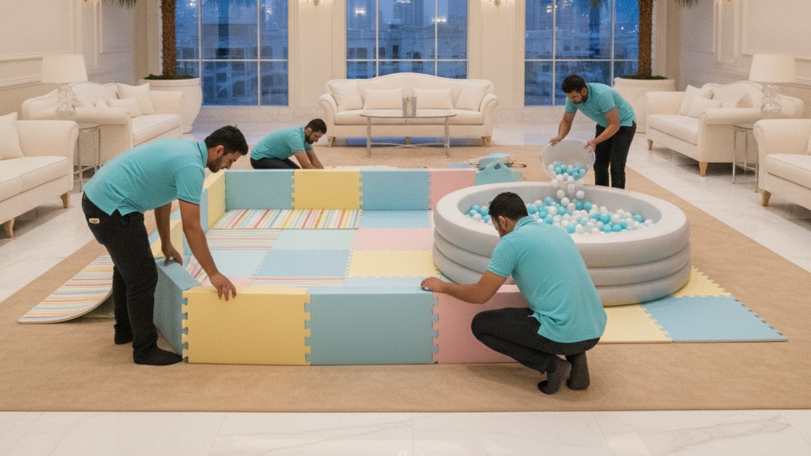 crew arranging soft play equipment for a Dubai kids party