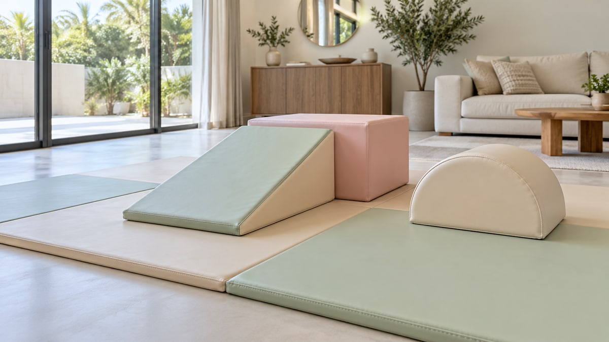 Low foam play pieces with rounded seams resting on joined floor mats.